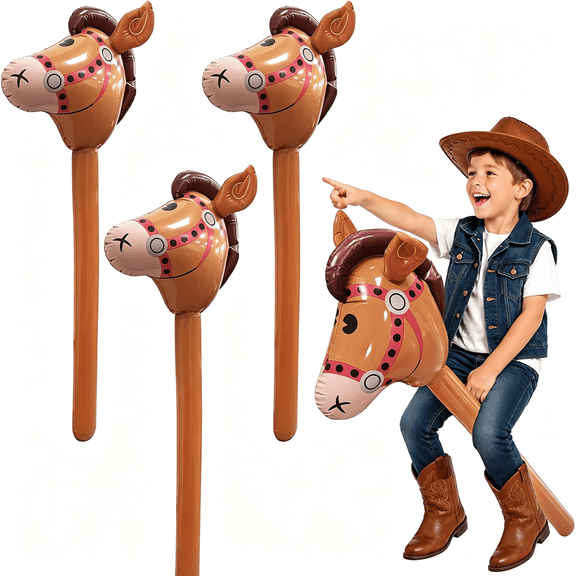 XIBUFE Inflatable Horse Head Stick 3 Pcs Blow Up Pony on Stick 37 Inch Inflatable Horse Head Balloons Blow Up Horse Sticks Brown Inflatables Hobby Horses Toys for Western Cowboy Derby Party