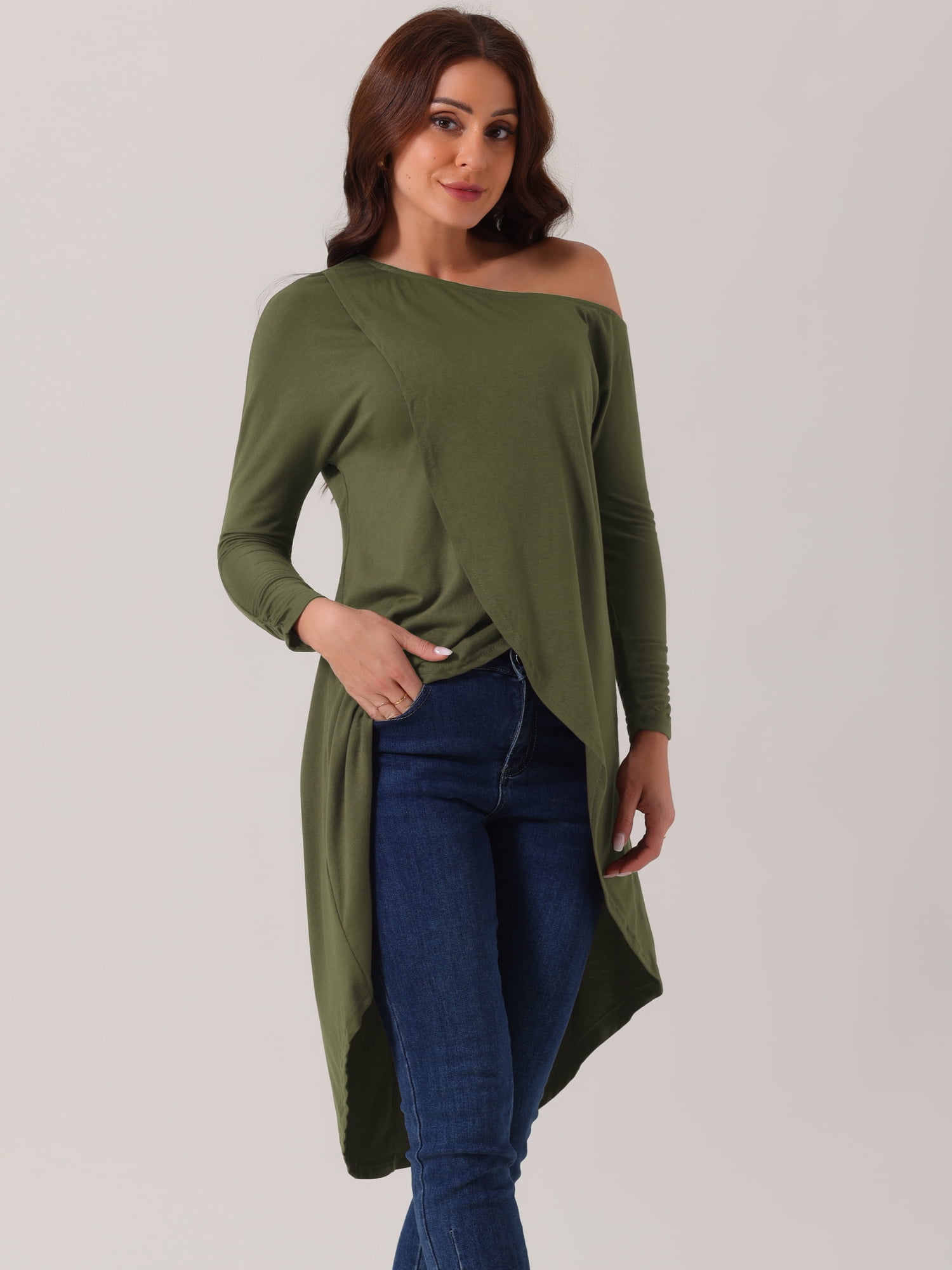 DARING DIVA One Shoulder High Low Irregular Hem Top L Army Green