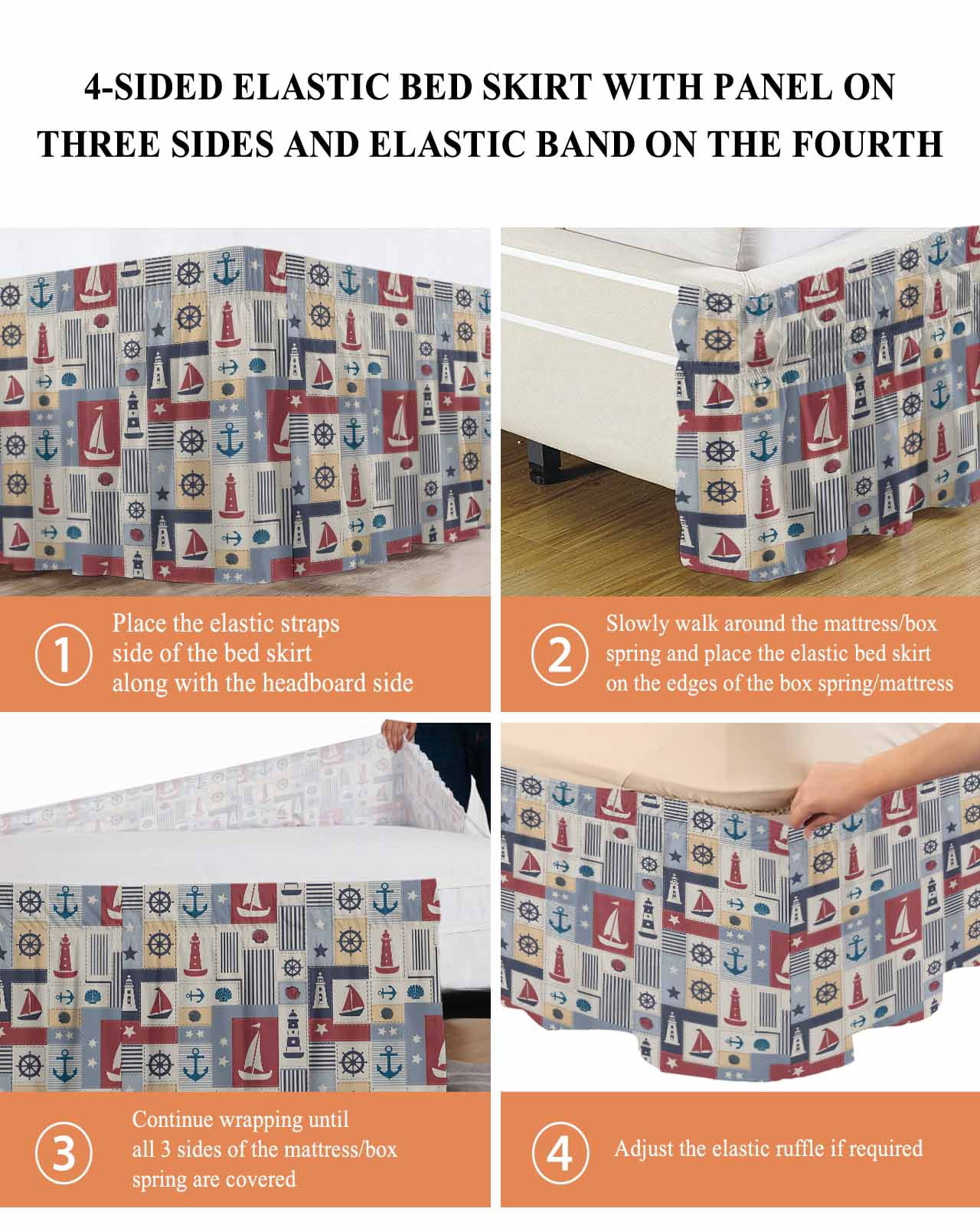 Nautical Ship Checked Wrap Around Bed Skirts for Queen Bed 16" Drop,Bed Skirt with Adjustable Elastic Belt Dust Ruffle Bed Valance for Bedroom Hotel Blue Coastal Sailboat Anchor Bed Frame Cover