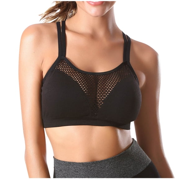 Bosfbaoi Plus Size Sports Bra for Women Mesh Panel Double Criss Cross Straps Wirefree Removable Pads Yoga Light Support Athletic Bra