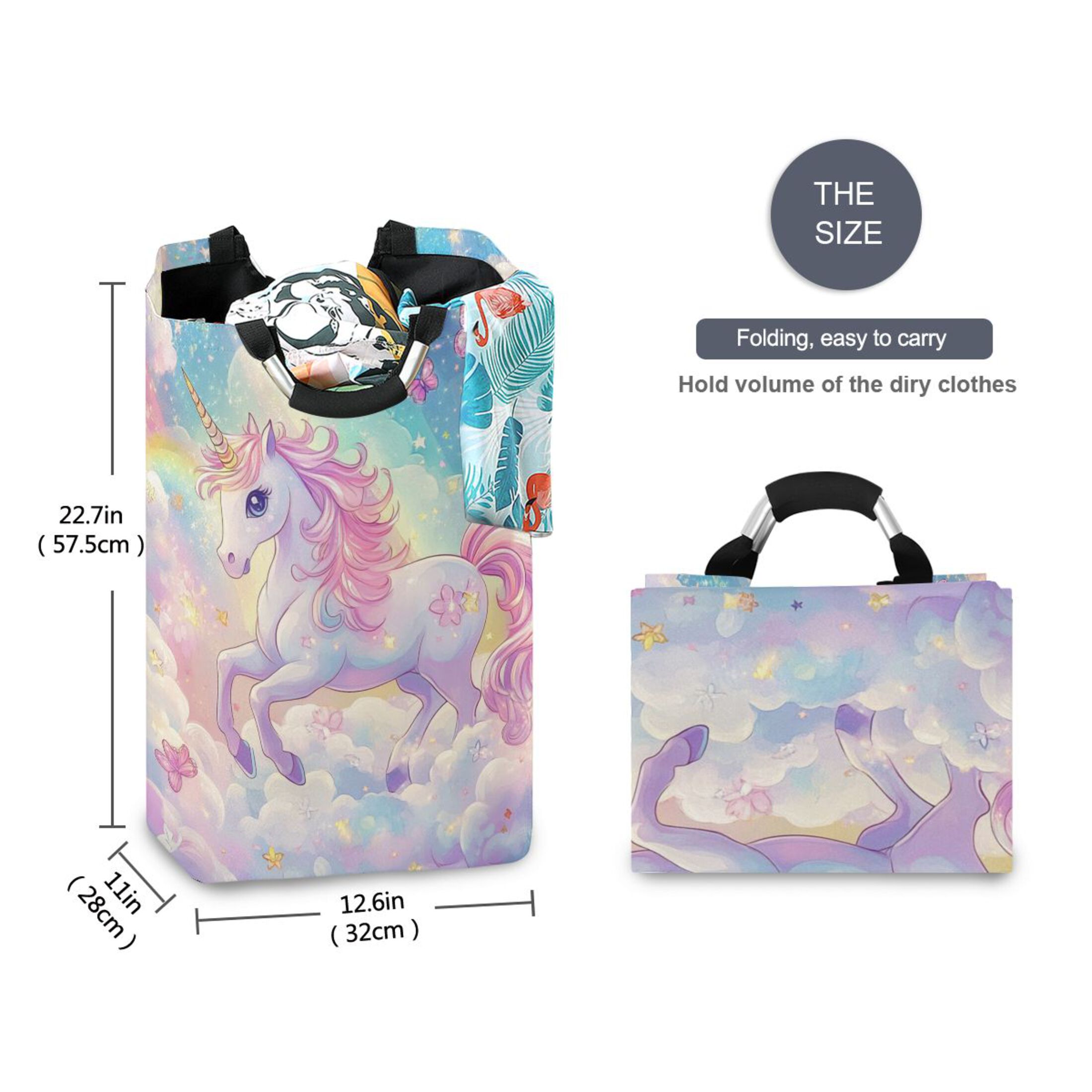 Laundry Basket Collapsible Laundry Basket Hamper with Handles for Dorm Clothes Toy Storage Rainbow Colors Unicorn