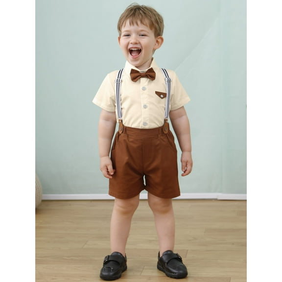 Toddler Boys Formal Outfits Suits Baby Tuxedo Party Clothes Set Suspender Shorts Pants 12 Months-5T