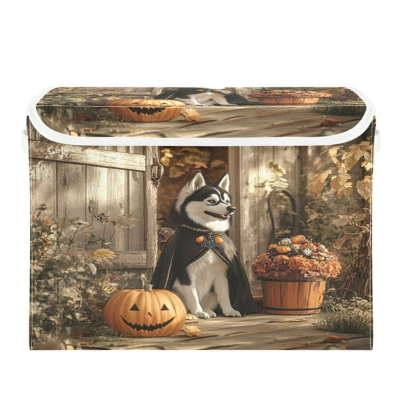 WOBOGO Hallowween Husky Large Collapsible Storage Box Flip Lid Fabric Decorative Organizer Container Basket with Handles 16.5×12.6×11.8in