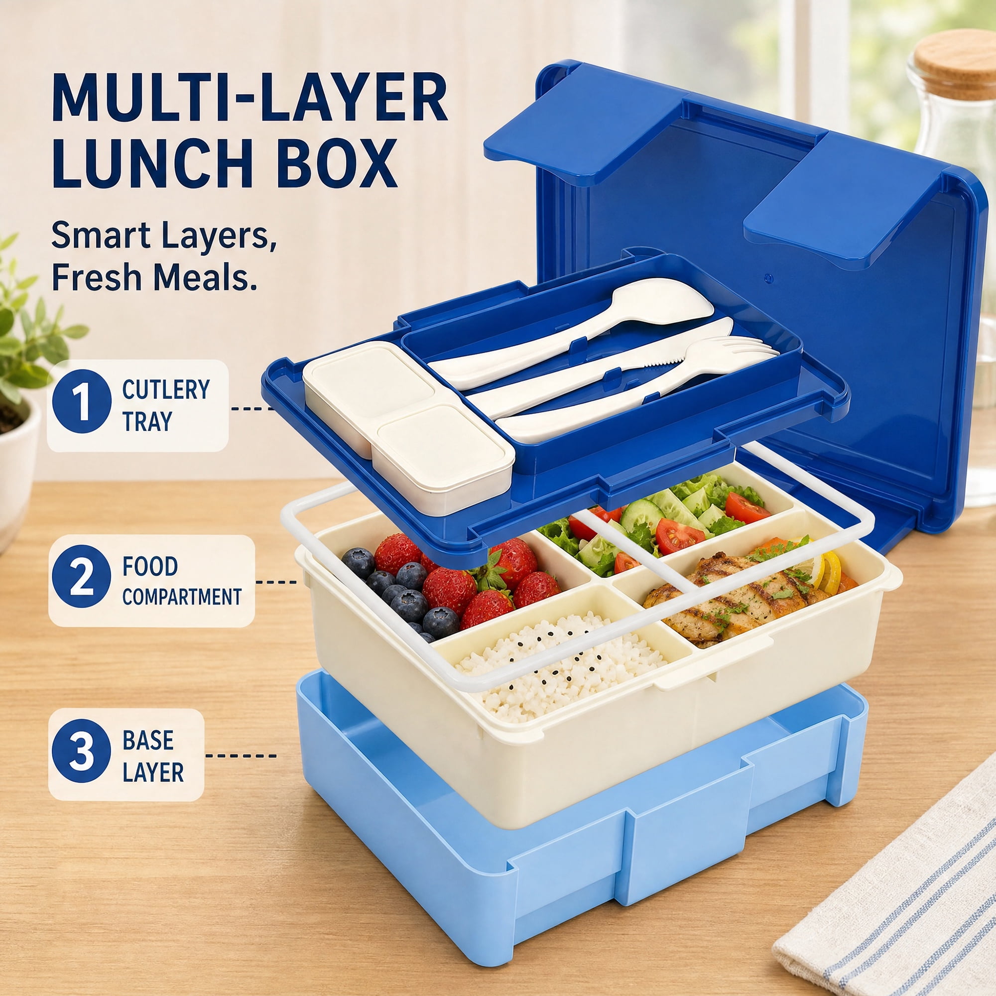 Unique Bargains 1450ml Leak-Proof Meal Prep Container Lunch Bento Box Blue