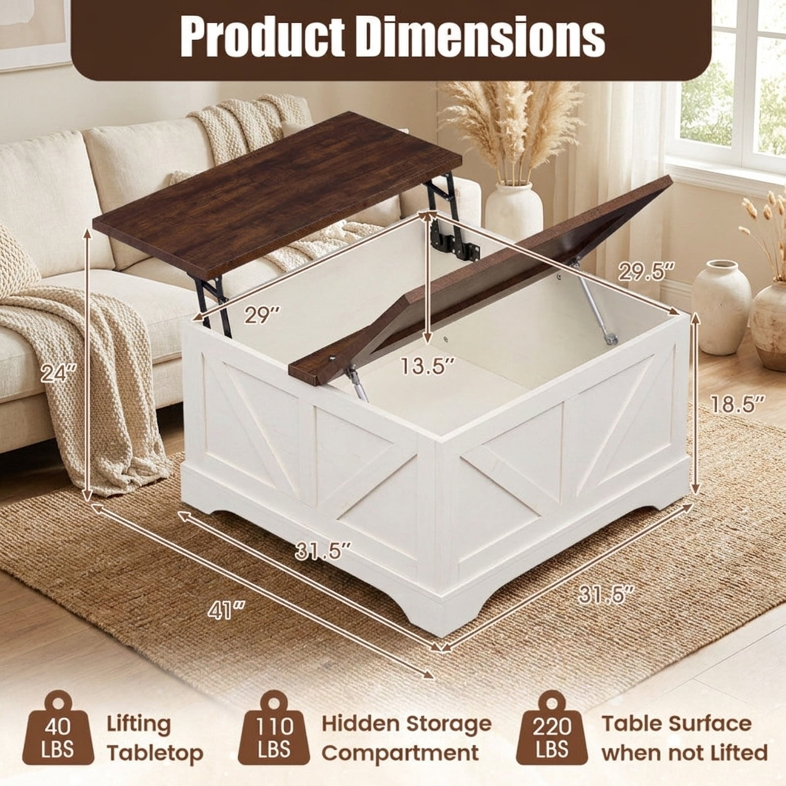 Furnibear 31.5 Inch Square Lift Top Coffee Table with Hidden Compartment and Barn Door Design a Living Room Center Table, Rustic Brown