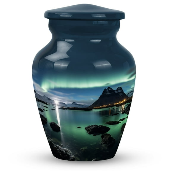 Northern Lights over a Coastal Hamlet - Sleek Mini Urn for Adult Female Ashes - Small Keepsake - Durable Metal Funeral Tribute - Urns For Human Ashes Adult - 3 Inch, 1 Pc