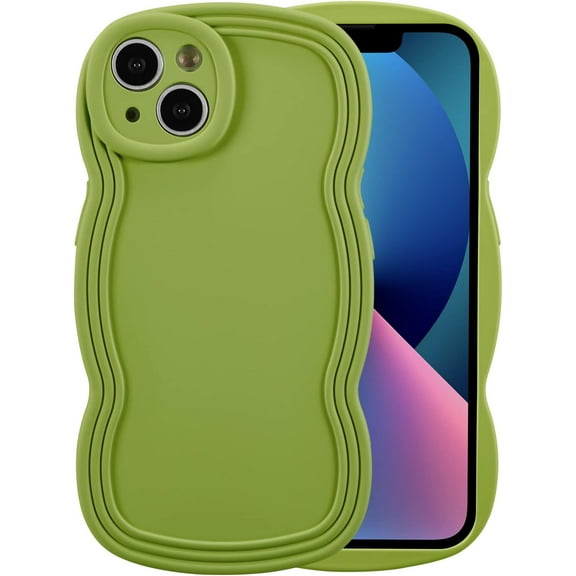 for iPhone 14 Case 6.1 Inch Curly Wave Frame Phone Case Cute Design Color Aesthetic Phone Case Soft TPU Shockproof Protective Bumper Case Cover for Girls, Green