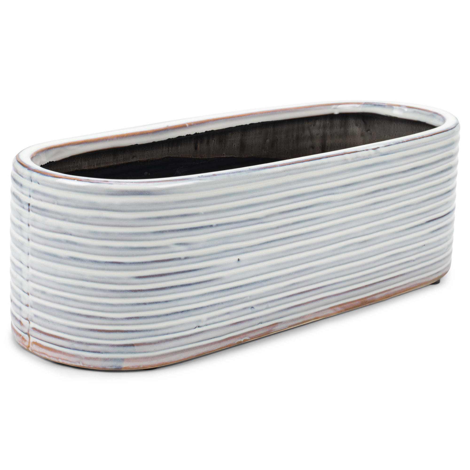 Napco Distressed White Ribbed 15 x 6 Ceramic Table Top Planter