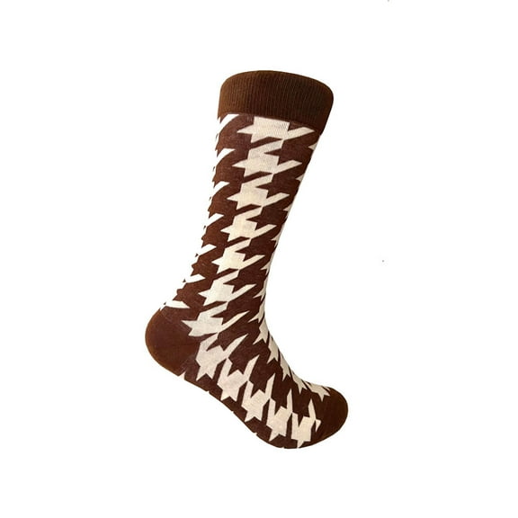 Men's Brown with Beige Color Houndstooth Pattern Novelty Dress Casual Mid-calf Socks, One Size Fit Most(Men's Size 9-13)