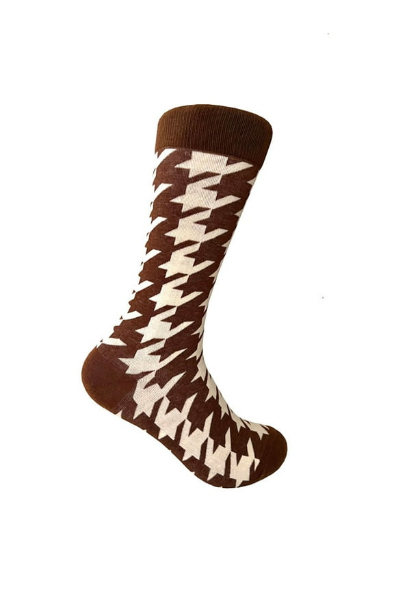 Men's Brown with Beige Color Houndstooth Pattern Novelty Dress Casual Mid-calf Socks, One Size Fit Most(Men's Size 9-13)