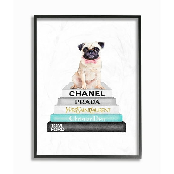 Stupell Grey Teal and Black Fashion Bookstack with Pug Framed Art, 11 x 14, Proudly Made in USA - Multi-Color 16 x 20