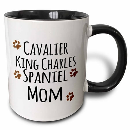 Have Paws Mugs - 3dRose Cavalier King Charles Spaniel Dog Mom - Doggie by breed - brown muddy paw prints - doggy lover owner - Two Tone Black Mug, 11-ounce