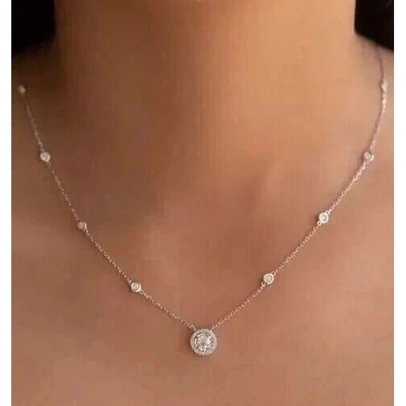 3Ct Round Cut Lab Created Diamond Women's Station Necklace 14K Rose Gold Plated Silver 18."