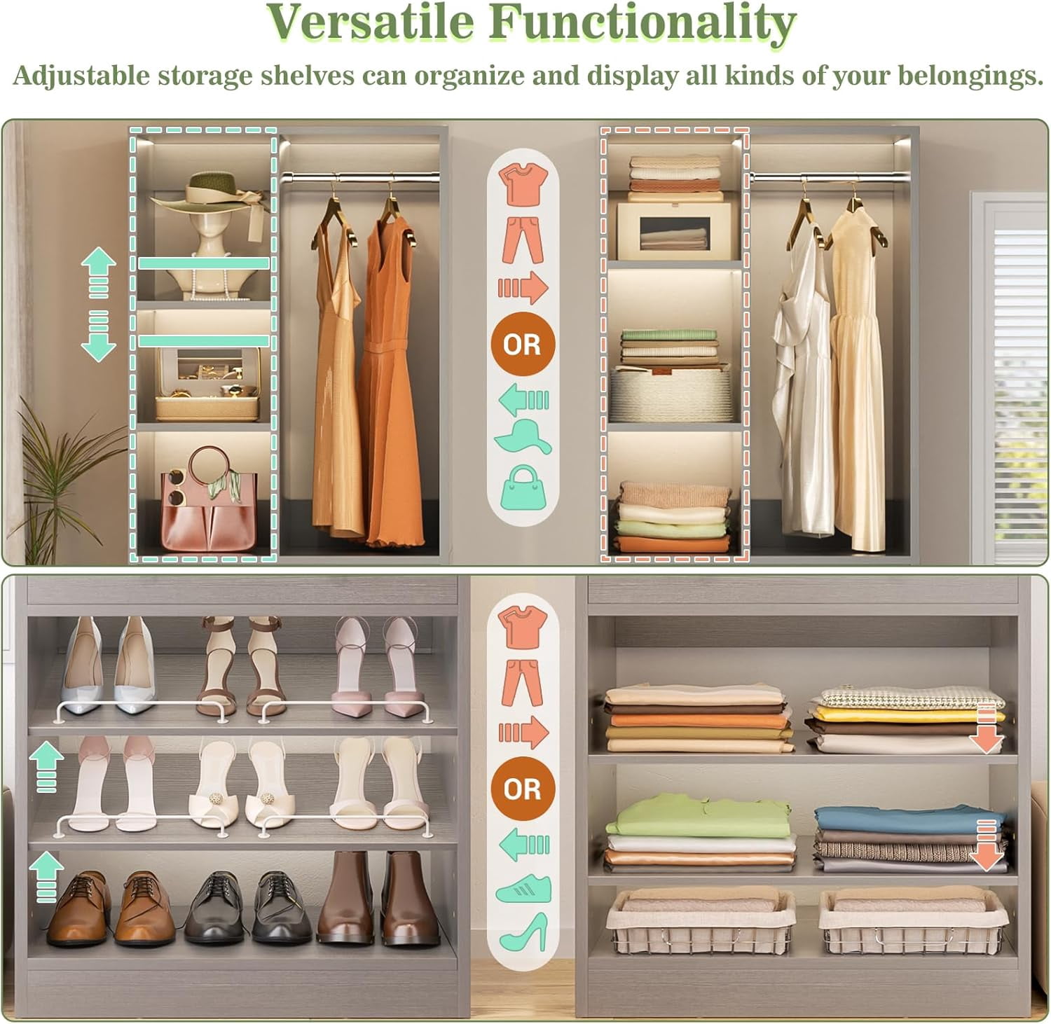 Homieasy Closet System, 2.4–8.8 FT Closet Organizer System with 2 Drawers, 5 Hanging Rods and Shoe Racks for Walk-in Closet, Bedroom, Gray
