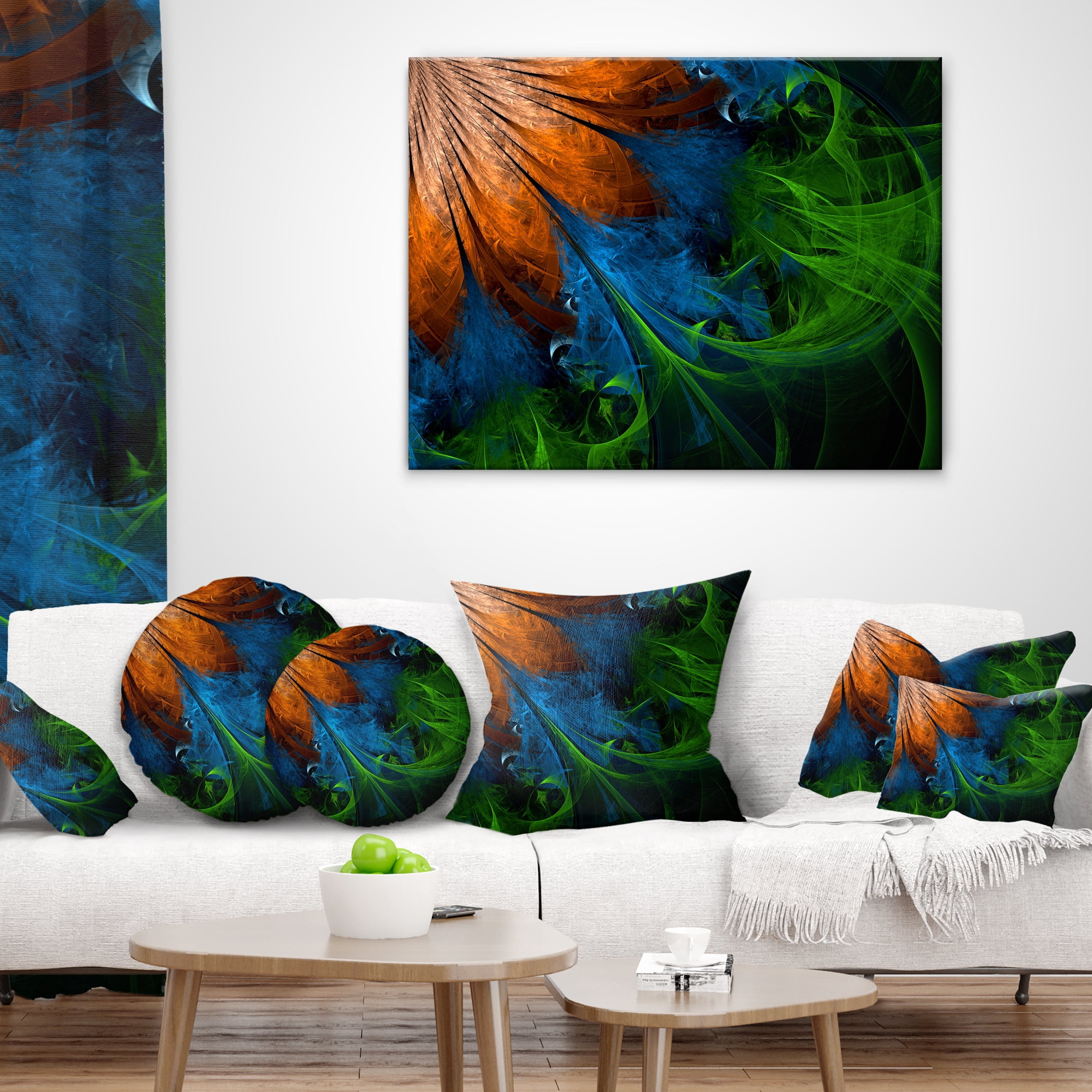 Designart Fractal Flower Orange and Blue - Floral Throw Pillow - 16x16