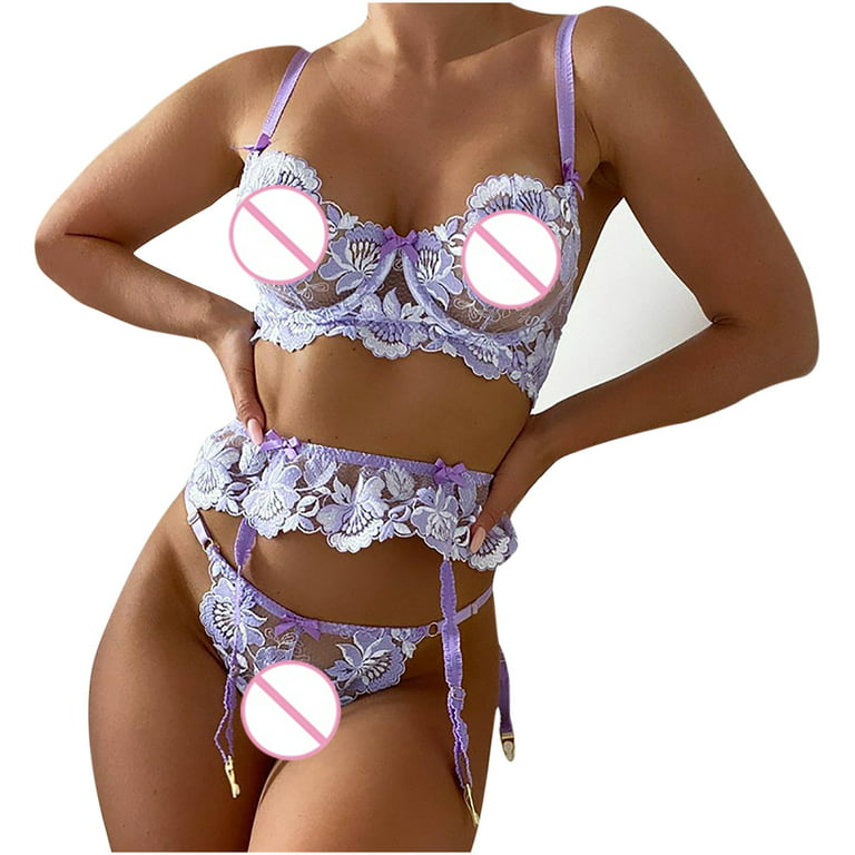 Lingerie for Women Sexy Lingerie for Women Sexy Fashion Women Sexy Lace  Underwear Pajamas Embroidered Womens Intimates Set Crotchless Lingerie for Women  Lingerie Set Purple,S 