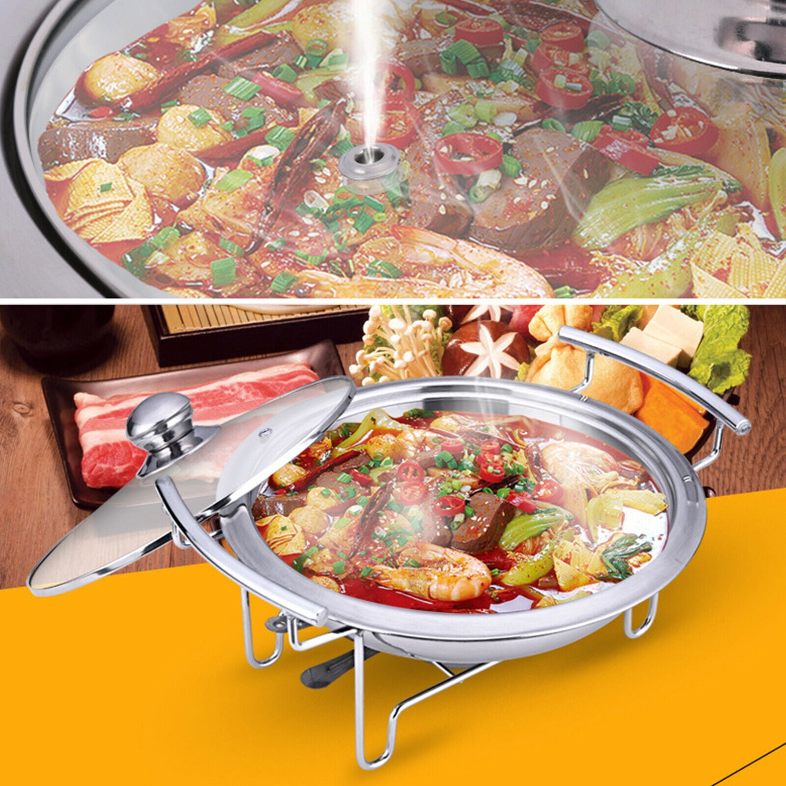Oukaning 11 Round Chafing Dish Stainless Steel Buffet Catering Food Warmers  with Glass Lid Multi-purpose 