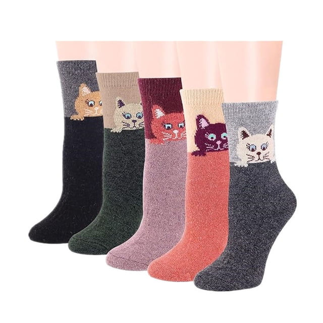 Calcetines de lana gruesos y cálidos con estampado étnico para mujer, 5 pares, deportivos, de tubo medio, de poliéster