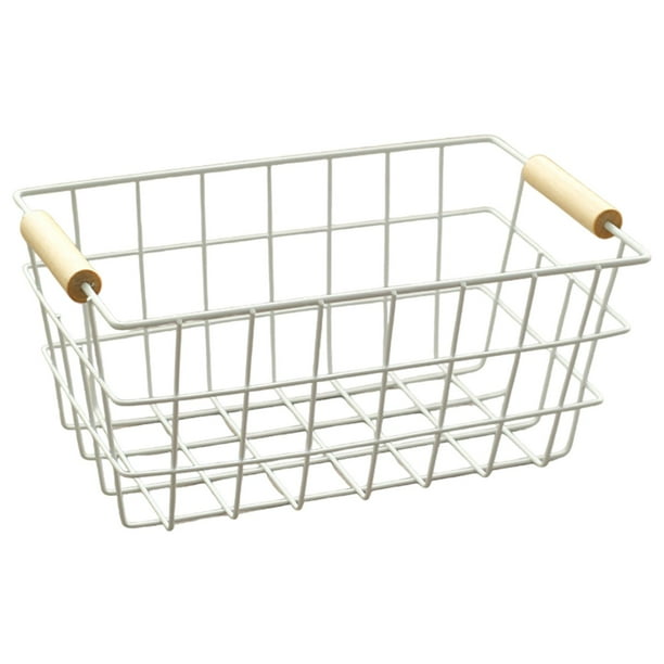 Cesta de alambre para almacenamiento con asa de madera, ideal como regalo de inauguración de la casa, decoración rústica para picnic. Blanco L