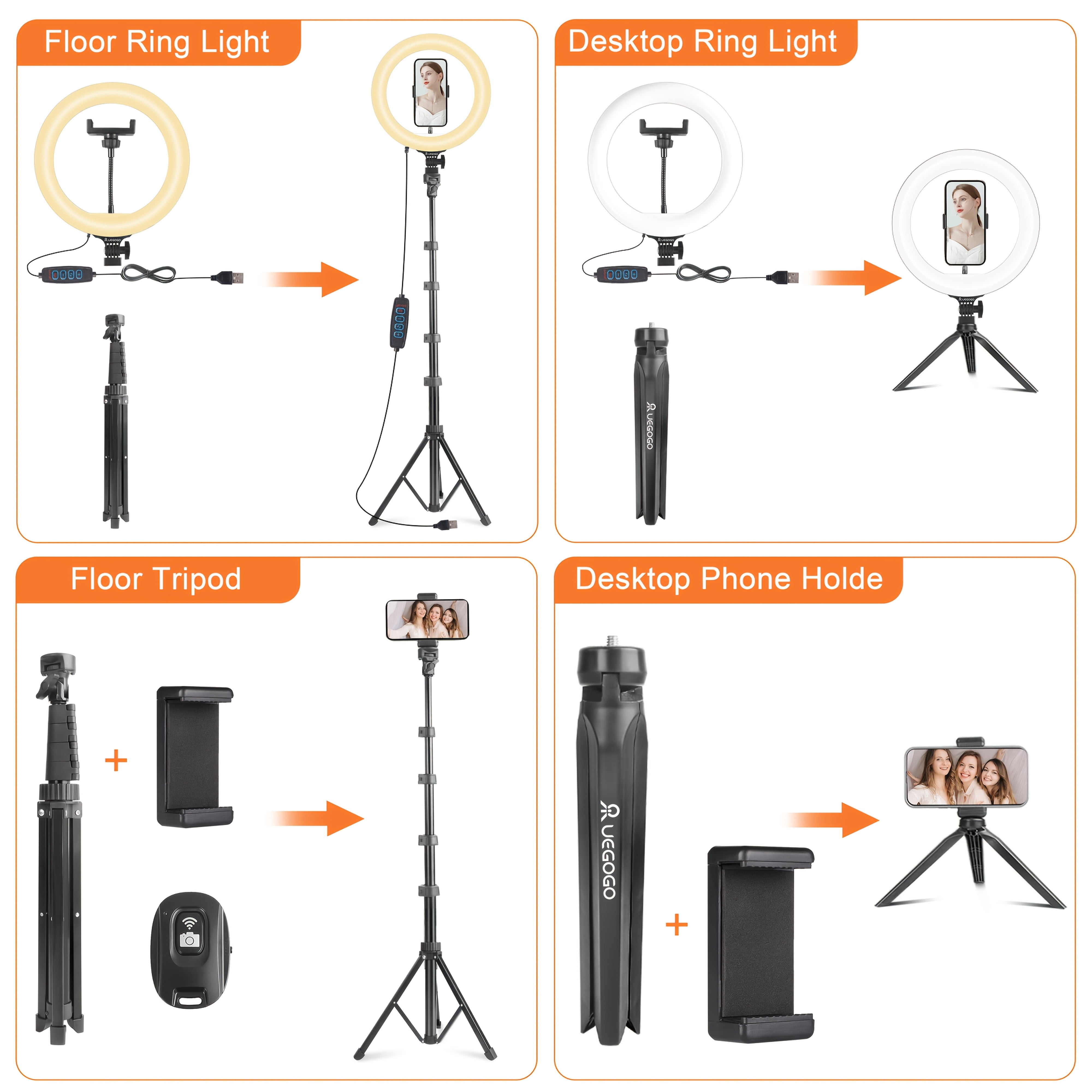 10/12" Selfie Ring Light with 63" Stand, Phone Holder, Remote, RGB LED Halo Light for Vlogging Video Photo Kit