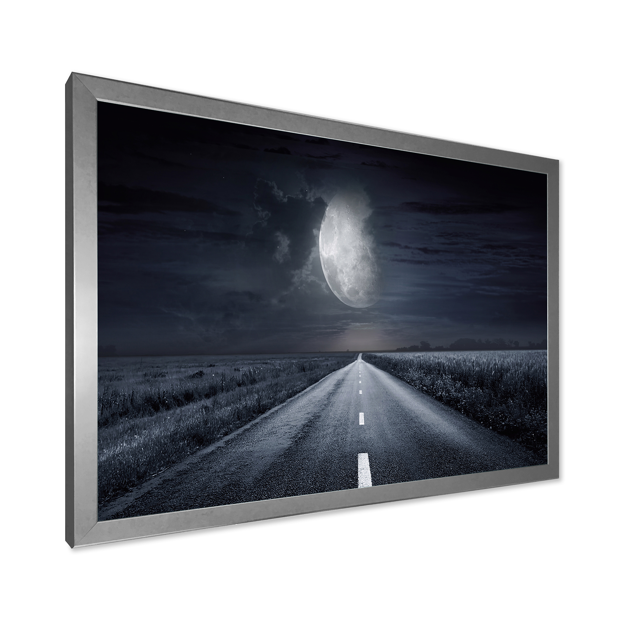 Designart 'Cloudy Full Moon Over Asphalt Road III' Nautical & Coastal Framed Art Print