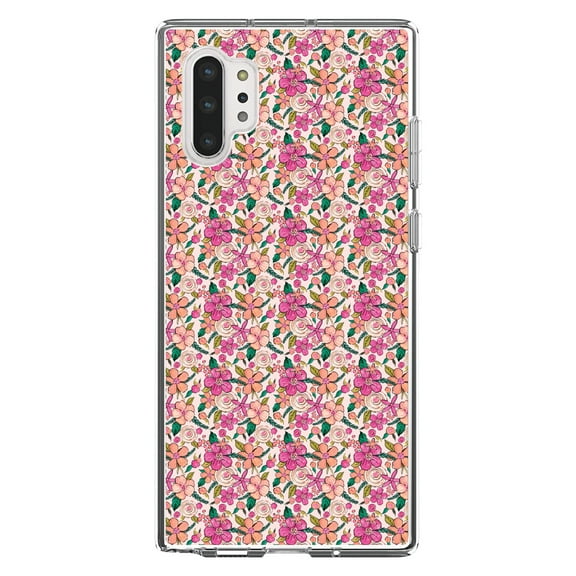 DistinctInk Clear Shockproof Hybrid Case for Galaxy Note 10 PLUS (6.8" Screen) - TPU Bumper, Acrylic Back, Tempered Glass Screen Protector - Preppy Pattern - Pink Flowers Floral