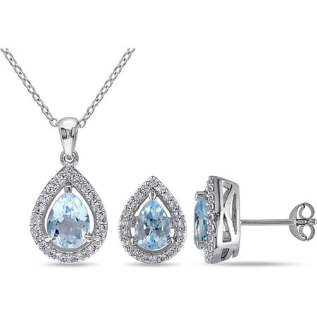 3-7/8 Carat T.G.W. Blue Topaz and Created White Sapphire Sterling Silver Halo Pendant and Earrings Set, 18