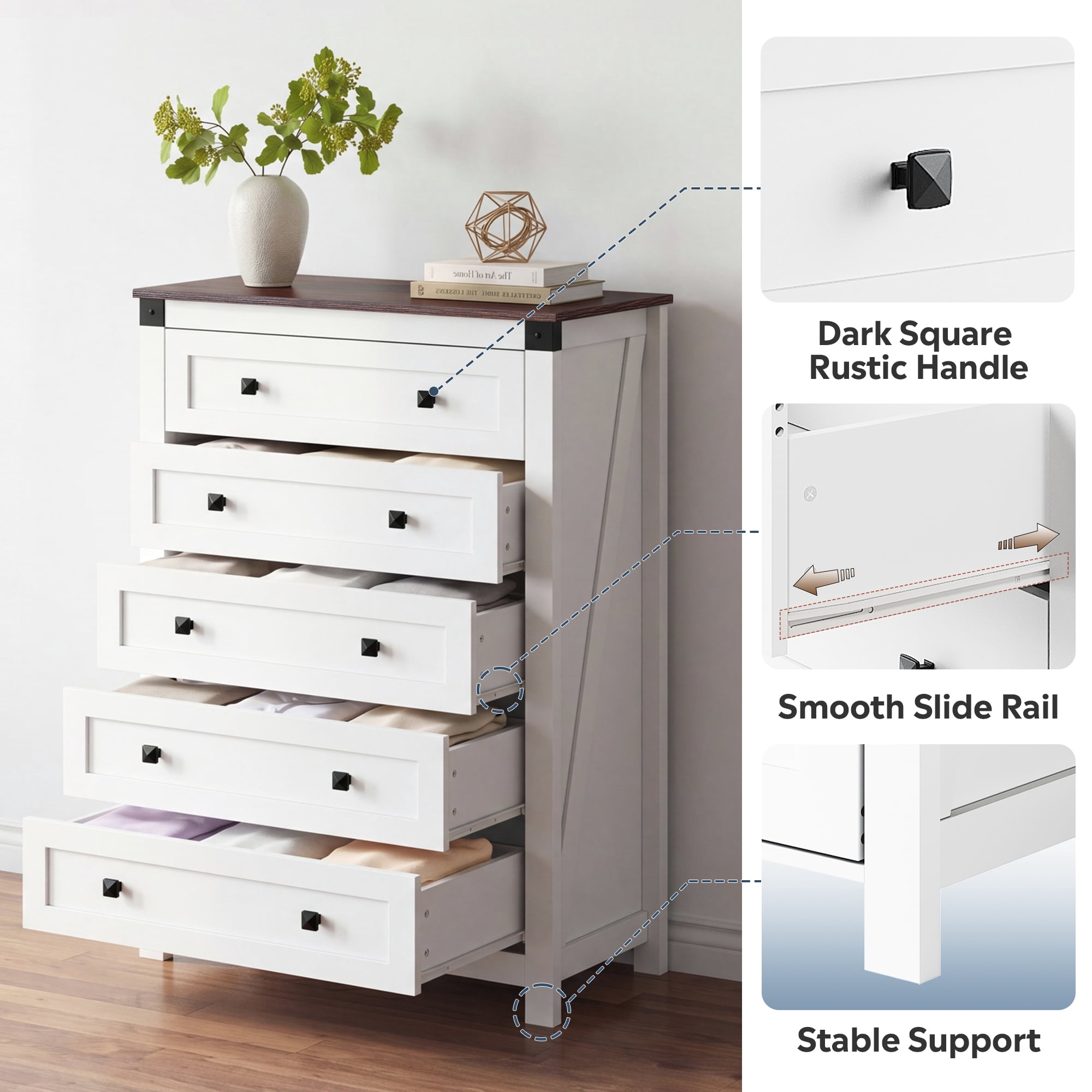 GALAXHERO Farmhouse 5 Drawer Dresser, White Tall Dresser with Double Rustic Handles, Wood Chest of Drawers for Bedroom, Living Room, Hallway