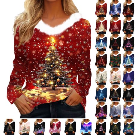 QATAINLAV Long Sleeve Shirts for Women Merry Christmas Sweaters Tops Fashion Faux Fur Trim V Neck Pullover Sweatshirts Red XL