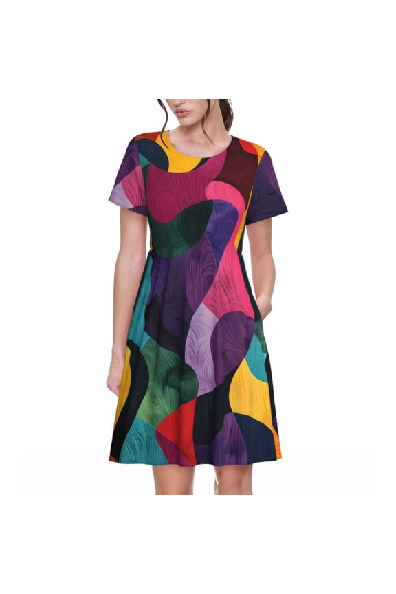 Vibrant Abstract Flow Pattern Summer Dresses for Women Casual Tshirt Short Sleeve Floral Sundress Beach Cover Ups with Pockets