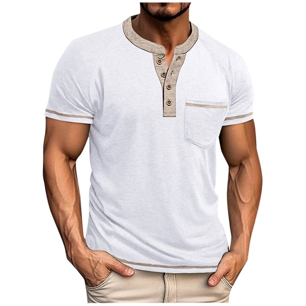 Camisa de Manga Corta de los Hombres con Botón de Manga Raglan Bolsillo Cuello de Vuelta, Blusa Sólida Casual