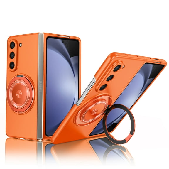 for Samsung Galaxy Z Fold 6 5G Folding Case, Magnetic 360 Rotating Ring Kickstand Frosted Hard PC Folding Case with Wireless Charging Compatibility for Samsung Galaxy Z Fold 6 5G, Orange
