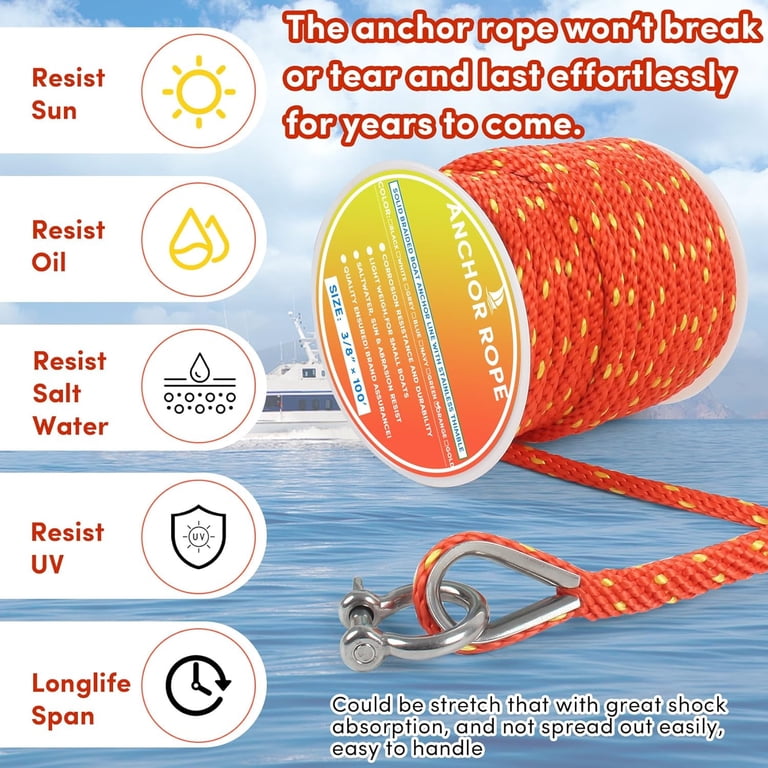 NovelBee 3/8 Inch X 600 Feet Double Braid Nylon Anchor Line – With Stainless Steel Thimble & Plastic Chuck, White