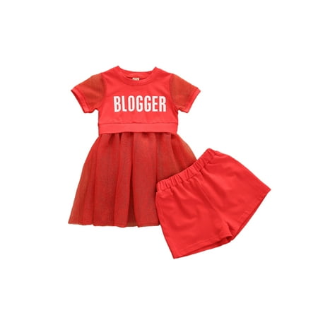 

Girls Baby Suit Red Letter Shiny Print T-Shirt Letter Dress with Shorts