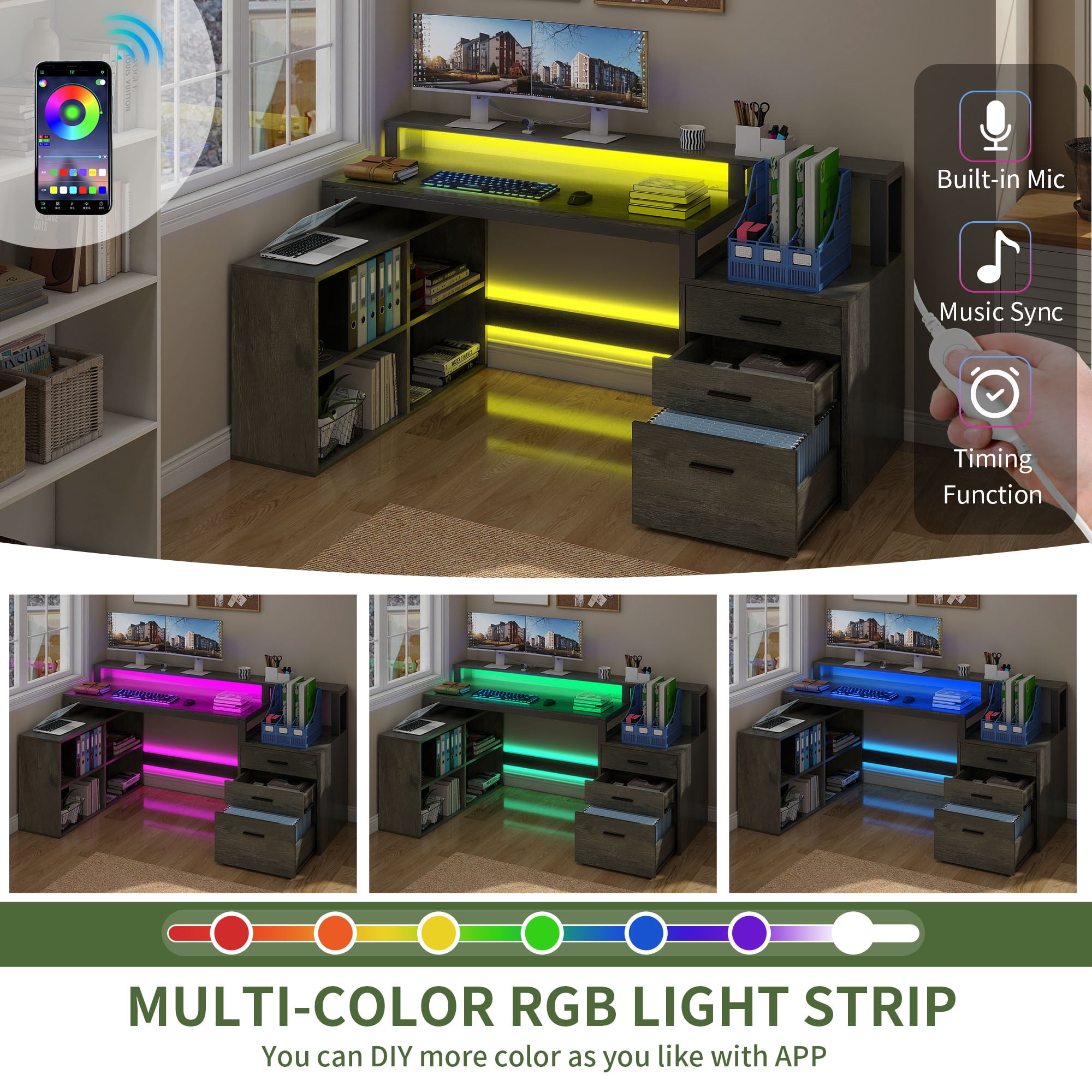 Uforic L Shaped Desk with LED Light & Power Outlets, Corner Computer Desk with Drawers & Open Storage Shelves, Gray