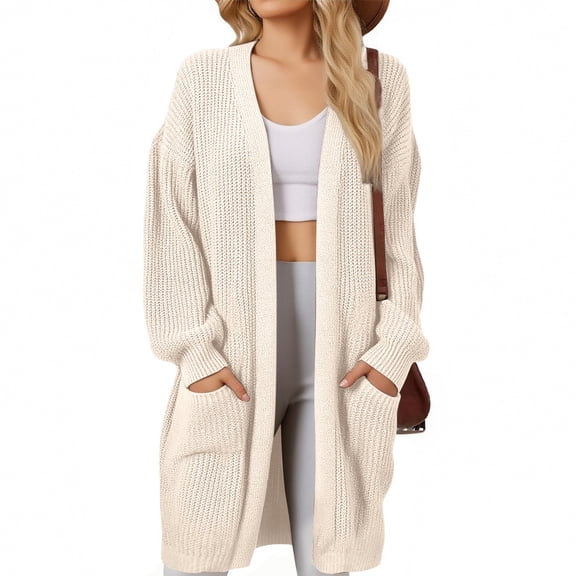 Women's Long Knit Cardigan Sweater, Solid Color Open Front Duster, Loose Fit Pocketed Sweater, Casual Spring Summer Cover Up, Lightweight Oversized Cardigan Beige L