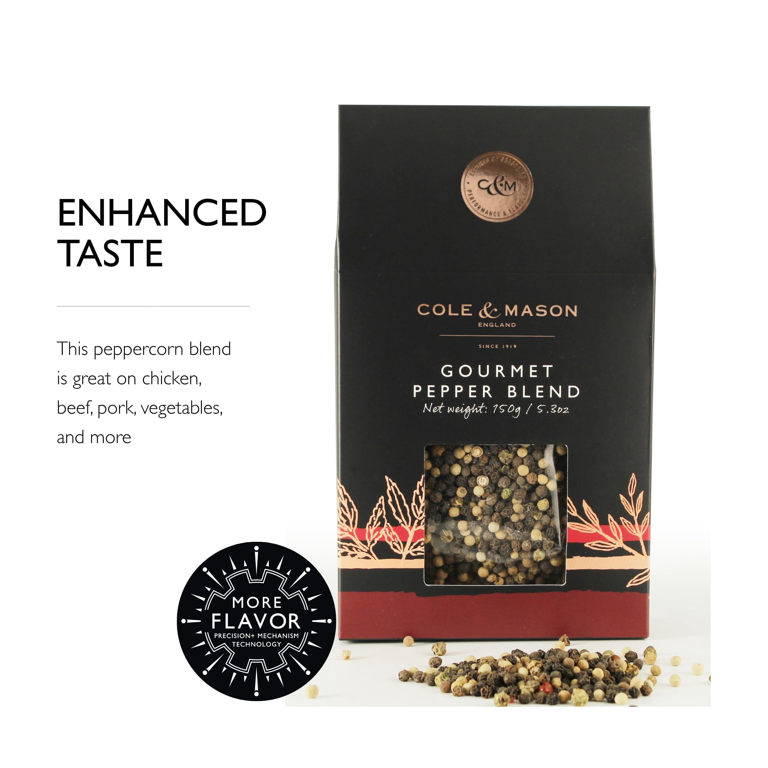 Cole & Mason Gourmet Spice Refill Box - Pairs Well with Chicken, Beef, Pork & More - Peppercorn Refill for Pepper Mill Grinder - Gourmet Pepper 5.3 Oz Box