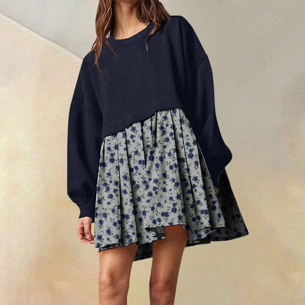 Vestido Cuello Redondo Elegante Mini Plisado Mujer Conjunto Línea A Ygjytge Azul marino*03Azul Marino T XXL para Mujer