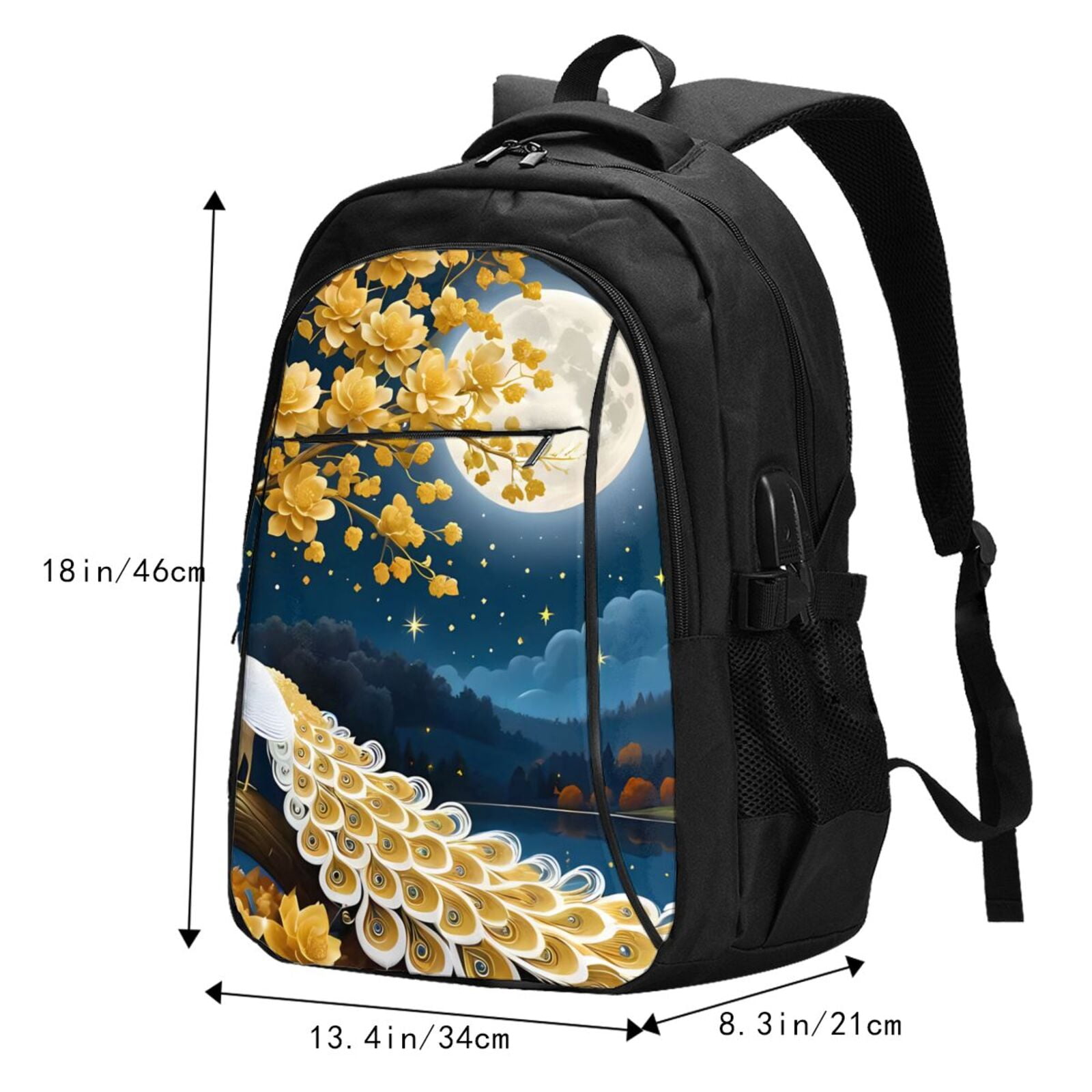 Vsdgher Moonlit Golden Tree Peacock Print Travel Laptop Backpack, Laptops Backpack with USB Charging Port, Water Resistant Computer Bag Gift for Men & Women