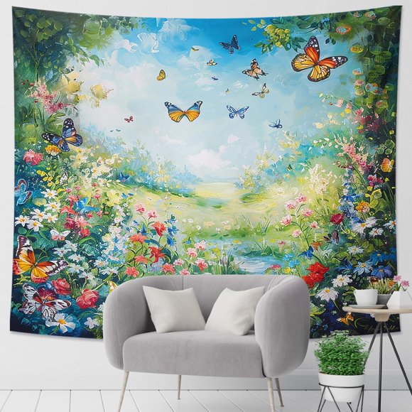 Generic Butterfly Tapestry Oil Painting Shabby Garden Graffiti Colorful Lake Spring Botanical Green Blue Polyester Backdrop Decorative Ceiling Headboard Couch Club Tapestry One Piece 80x60 Inch