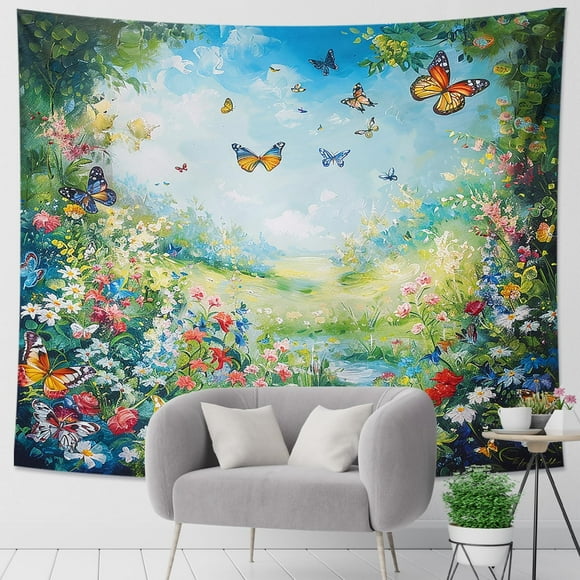 Generic Butterfly Tapestry Oil Painting Shabby Garden Graffiti Colorful Lake Spring Botanical Green Blue Polyester Backdrop Decorative Ceiling Headboard Couch Club Tapestry One Piece 80x60 Inch