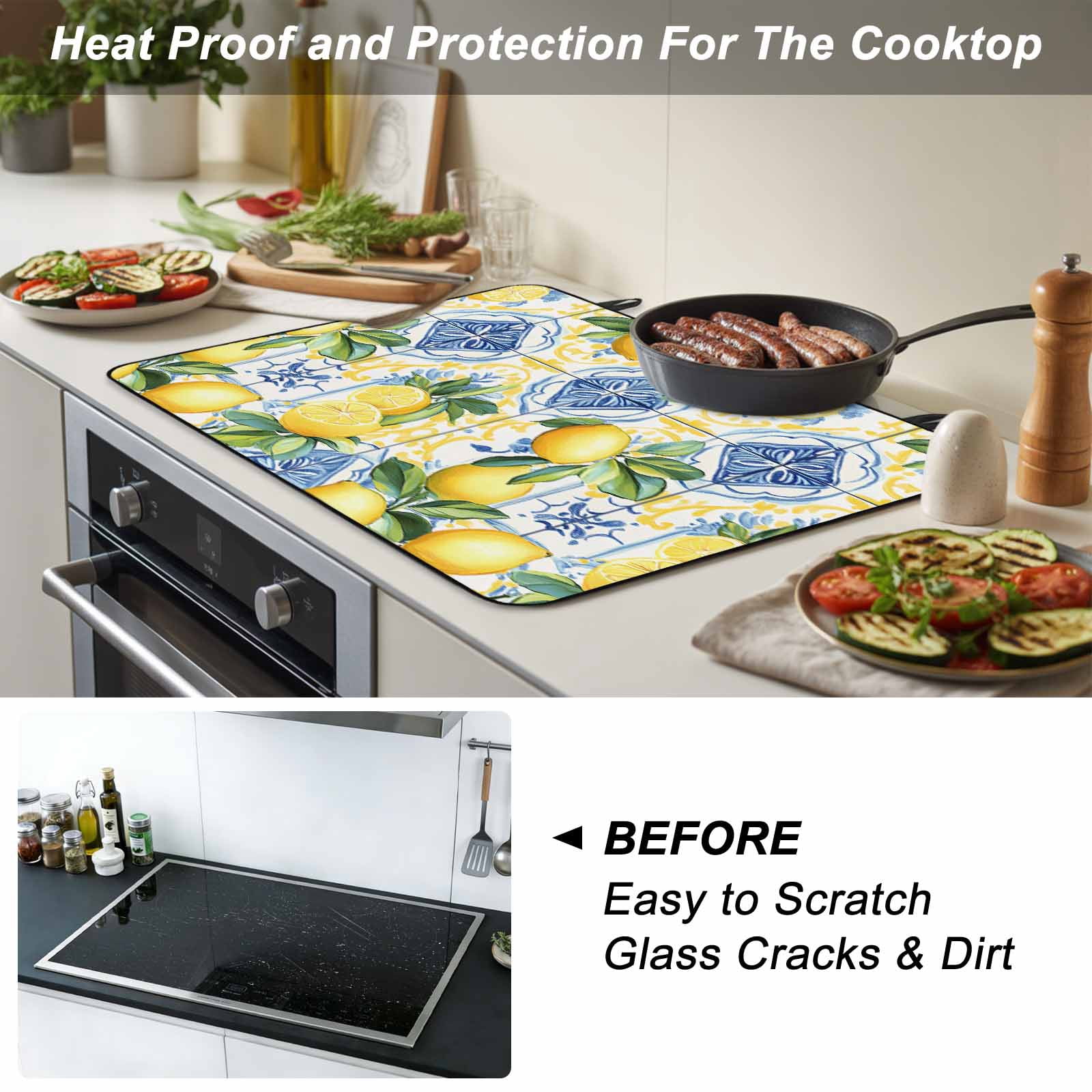 Botanical Lemon Stove Top Cover for Electric Stove, Heat-proof & Non Slip Glass Top Stove Cover Protector, Spring Countryside Floral Blue Tile Kitchen Flat Cooktop Rubber Mat 24x21 Inches