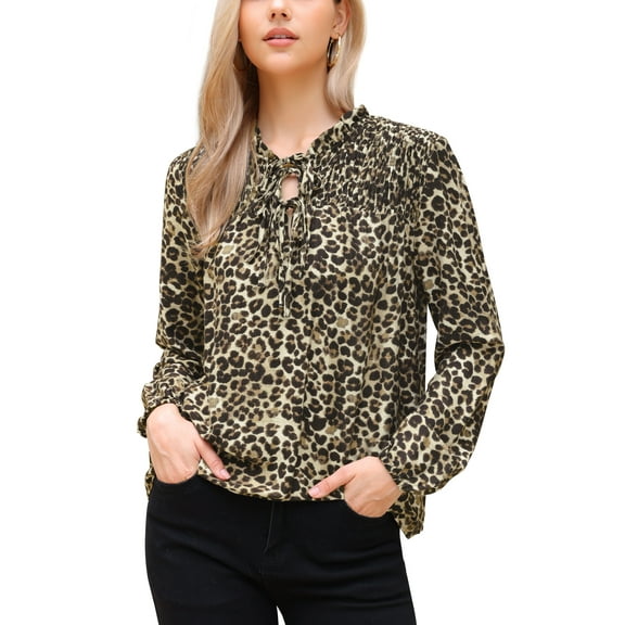 DARING DIVA Women's Long Sleeve Smocked Tie Neck Casual  Blouse XS Leopard Print