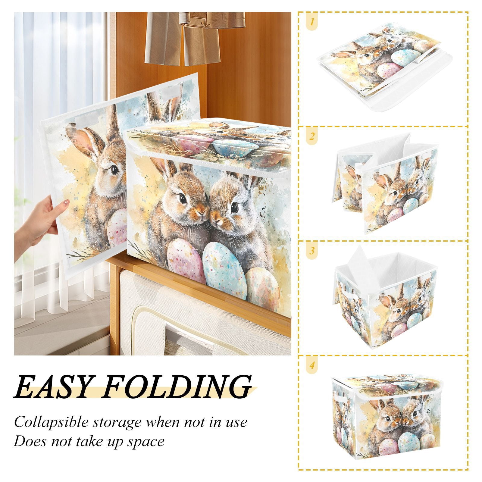 Bunnies Easter Eggs Storage Basket for Shelves Foldable Container Organizer for Organizing Toys Clothes Books with Handles