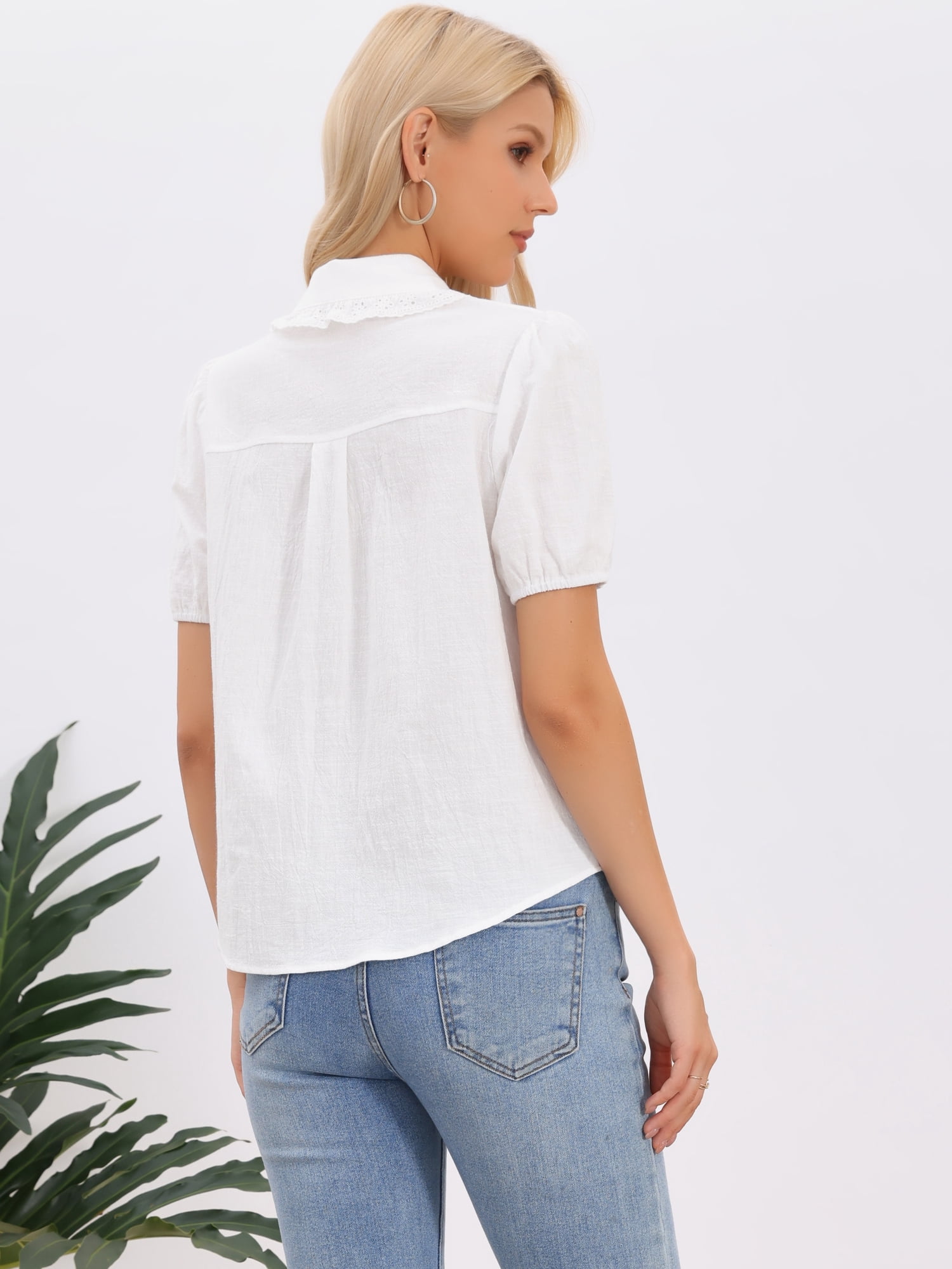 DARING DIVA Women's Short Sleeve Cotton Blouse Peter Pan Collar Crochet Panel Top XL White