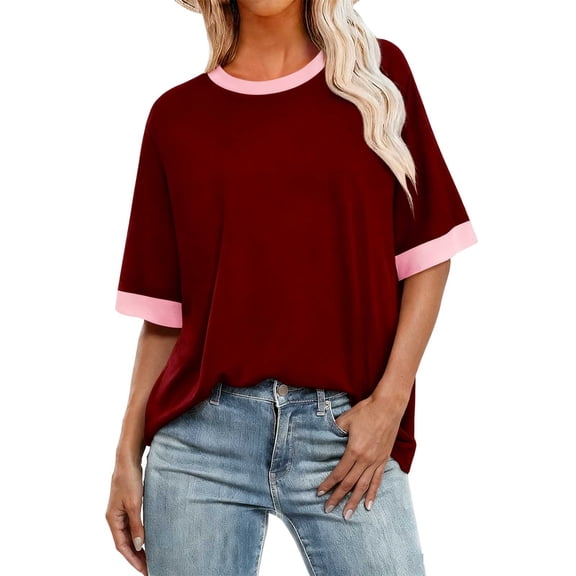 Karymi Summer Tops for Women 2026 Round Neck Short Sleeve Blouse Loose Color Patchwork Tee Shirts Trendy Quick Dry Plus Size Tops for Women