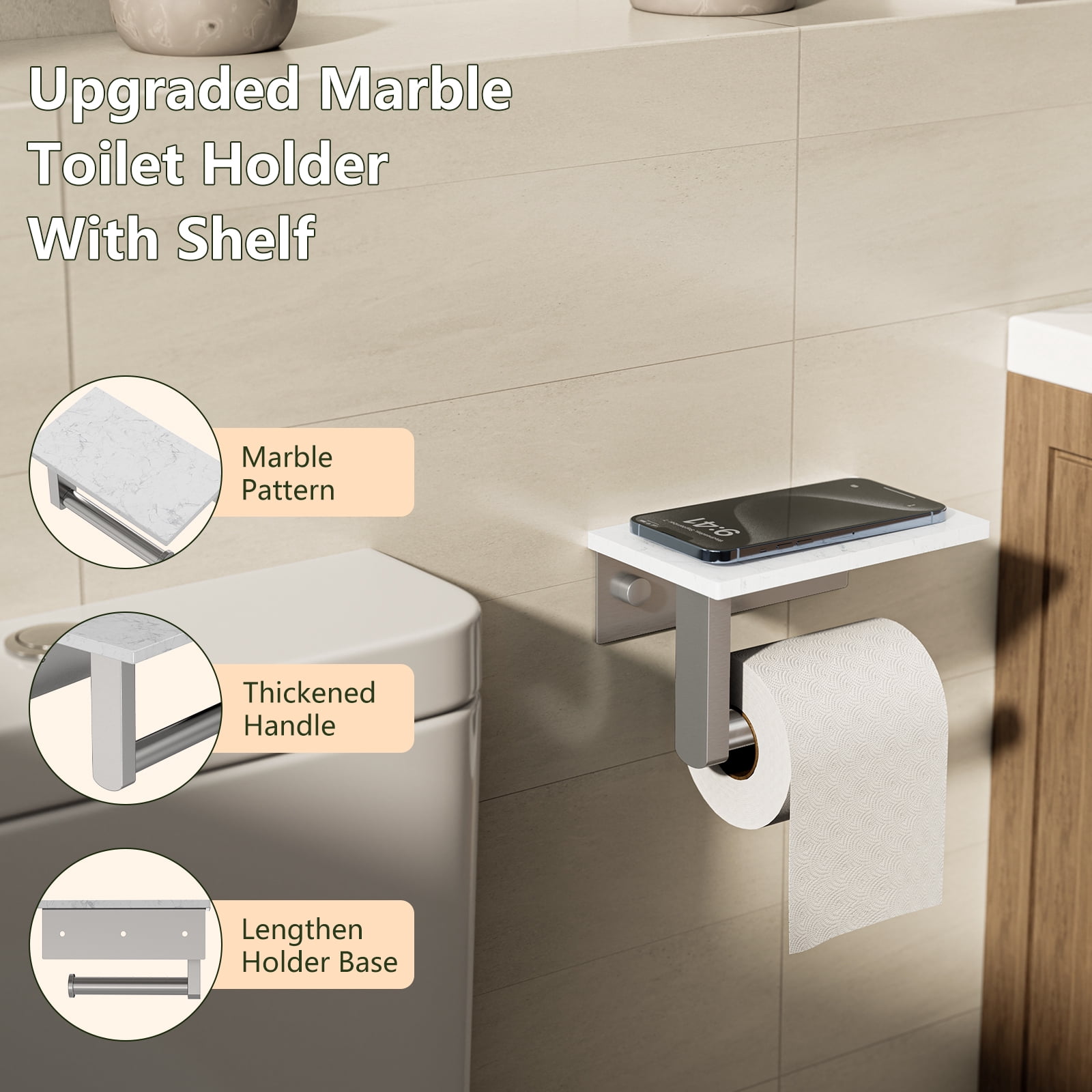 Wall Mount Toilet Paper Holder with Marble Shelf, Brushed Nickel