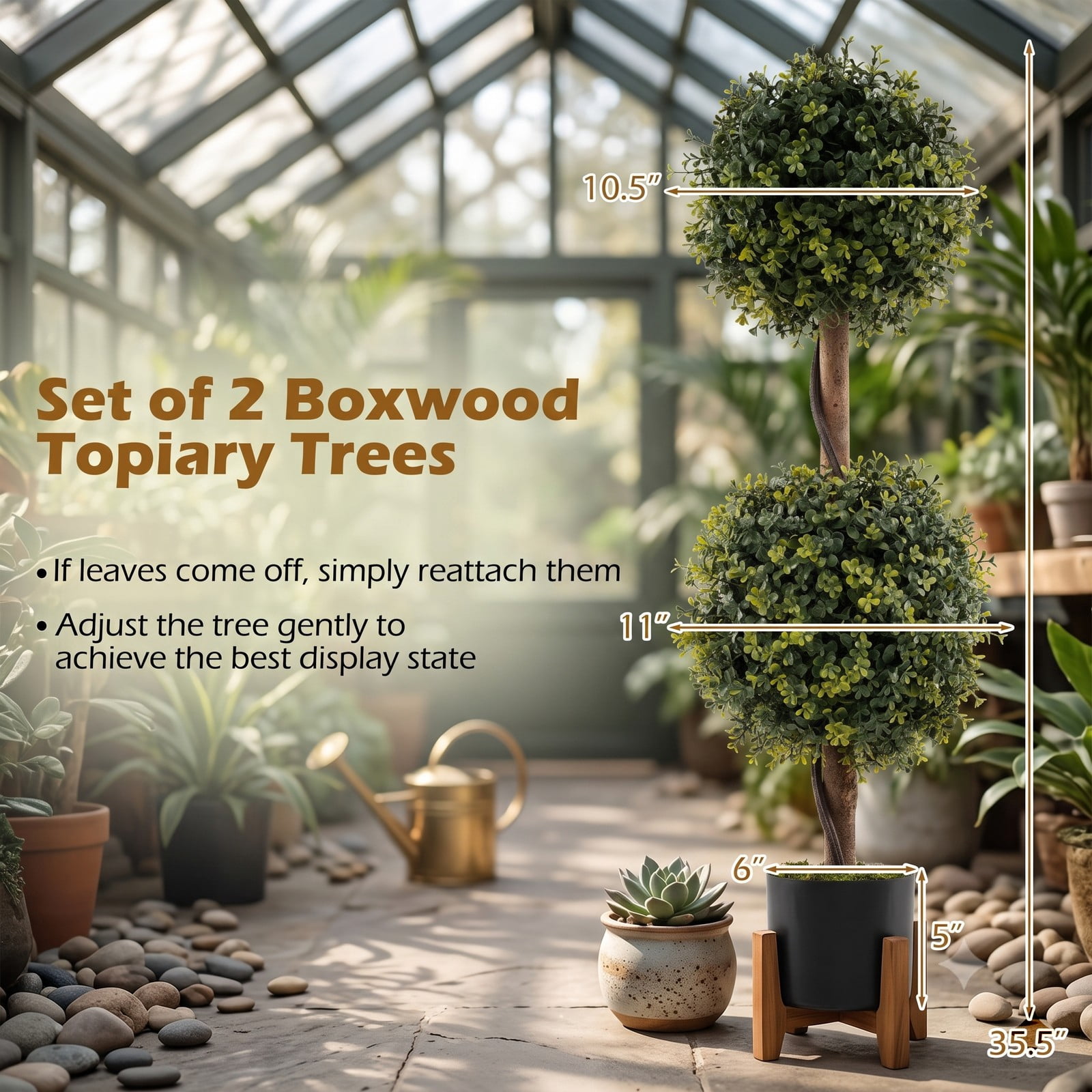 ALPULON Set of 2 Artificial Double Topiary Ball Trees, 35.5 Inch Faux Boxwood Plants with Cement-Filled Pots for Indoor Outdoor Home Office Front Porch Decor, Green