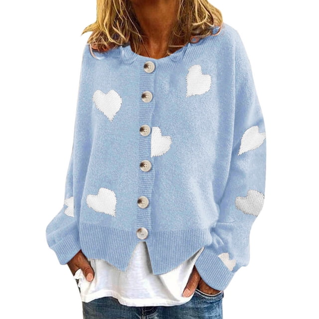 Cardigan en Tricot Brodé de Cœurs pour Femmes, Col Rond, Manches Longues, Chandail en Laine Douce