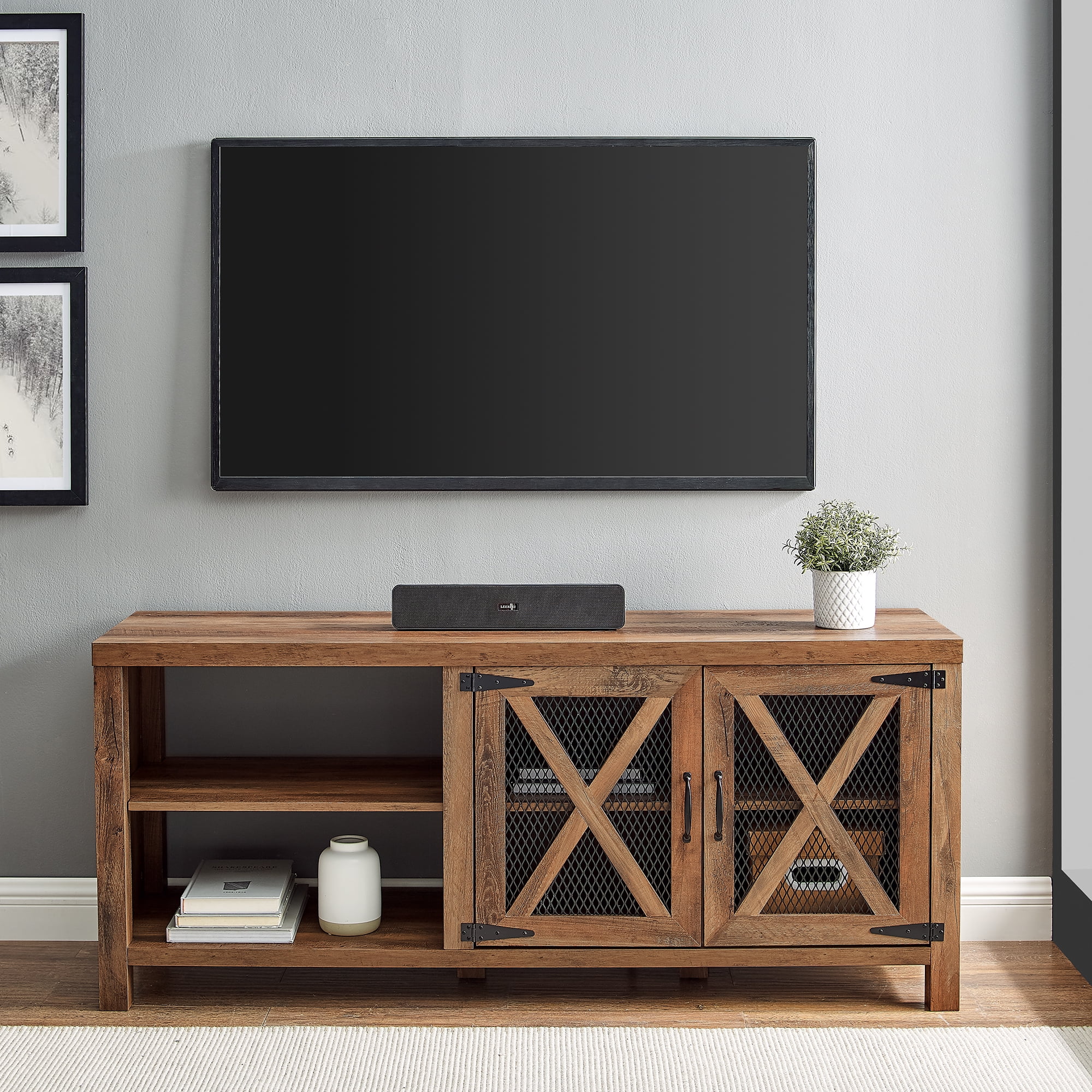 Farmhouse Metal Mesh Door TV Stand for TVs up to 65", Reclaimed Barnwood